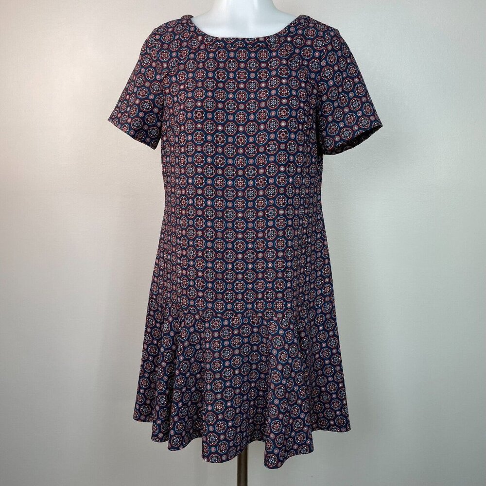Banana Republic Dress 4 Blue Orange Medallion Flounce Hem Short Sleeve Women's